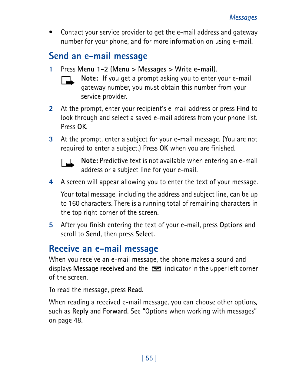 Send an e-mail message, Receive an e-mail message | Nokia 1261 User Manual | Page 62 / 145