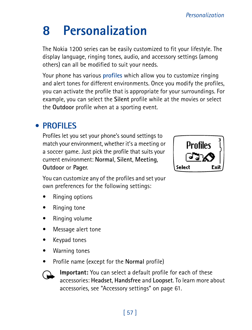 8 personalization, Profiles, Personalization | 8personalization | Nokia 1261 User Manual | Page 64 / 145