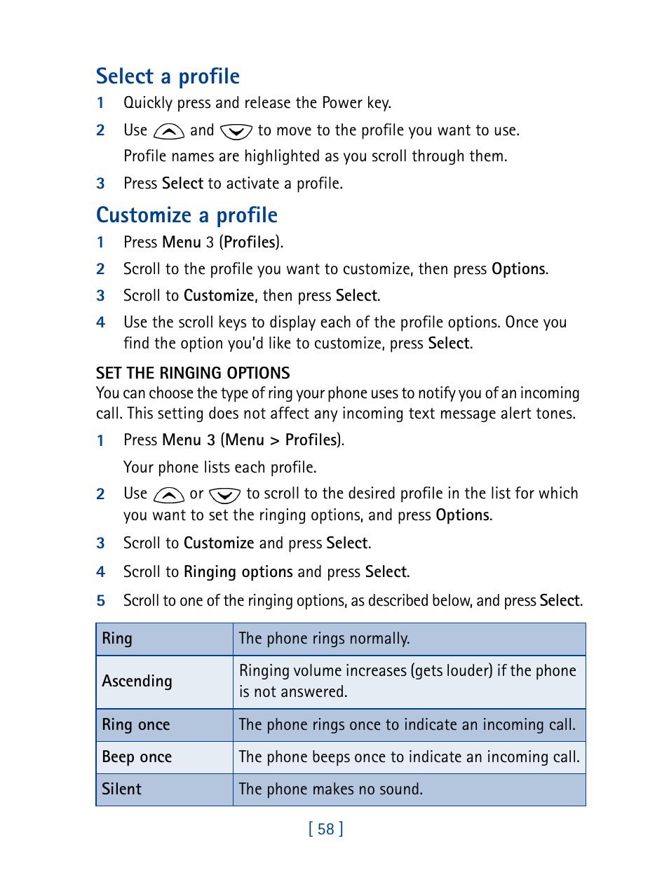 Select a profile, Customize a profile | Nokia 1261 User Manual | Page 65 / 145