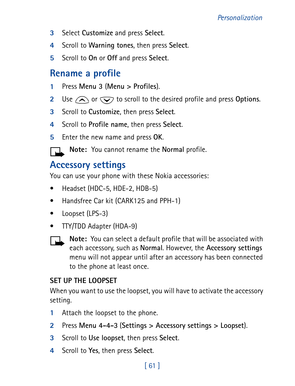 Rename a profile, Accessory settings | Nokia 1261 User Manual | Page 68 / 145