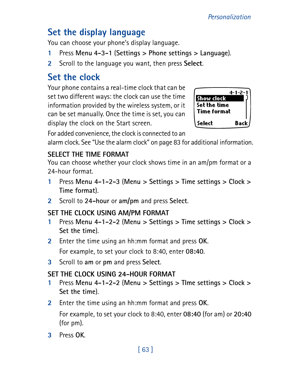 Set the display language, Set the clock | Nokia 1261 User Manual | Page 70 / 145