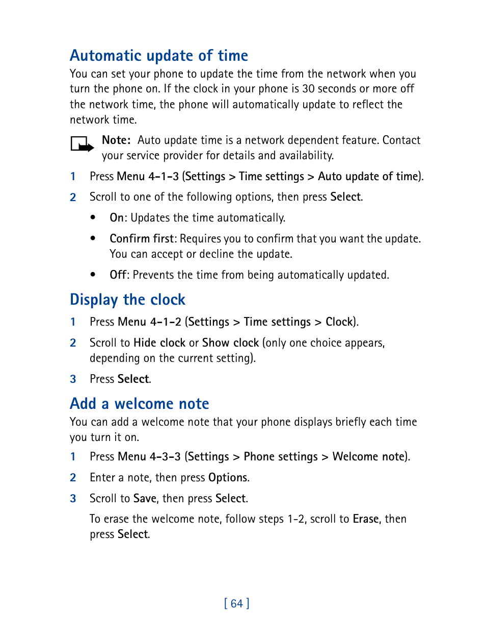 Automatic update of time, Display the clock | Nokia 1261 User Manual | Page 71 / 145