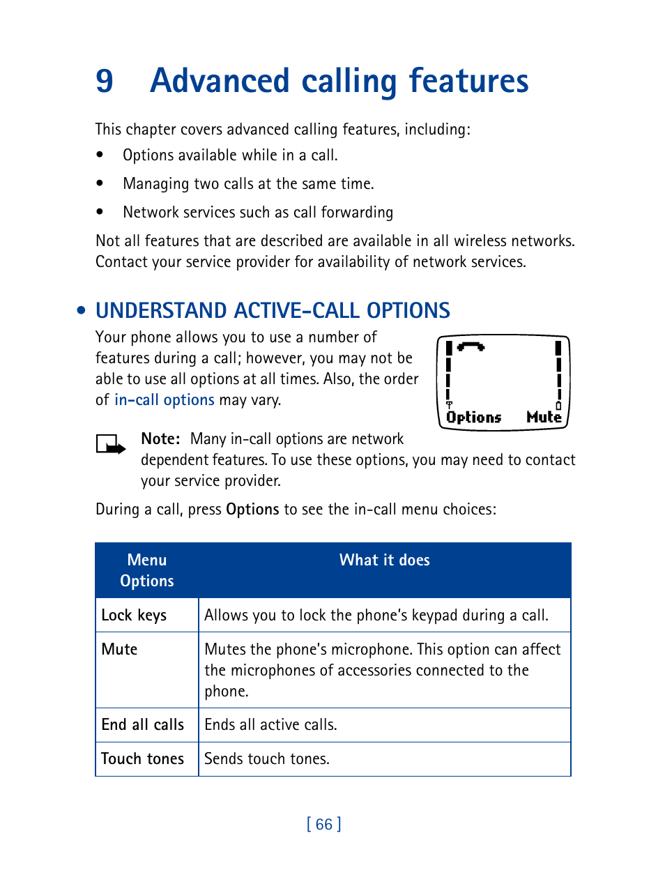 9 advanced calling features, Understand active-call options, Advanced calling features | 9advanced calling features | Nokia 1261 User Manual | Page 73 / 145