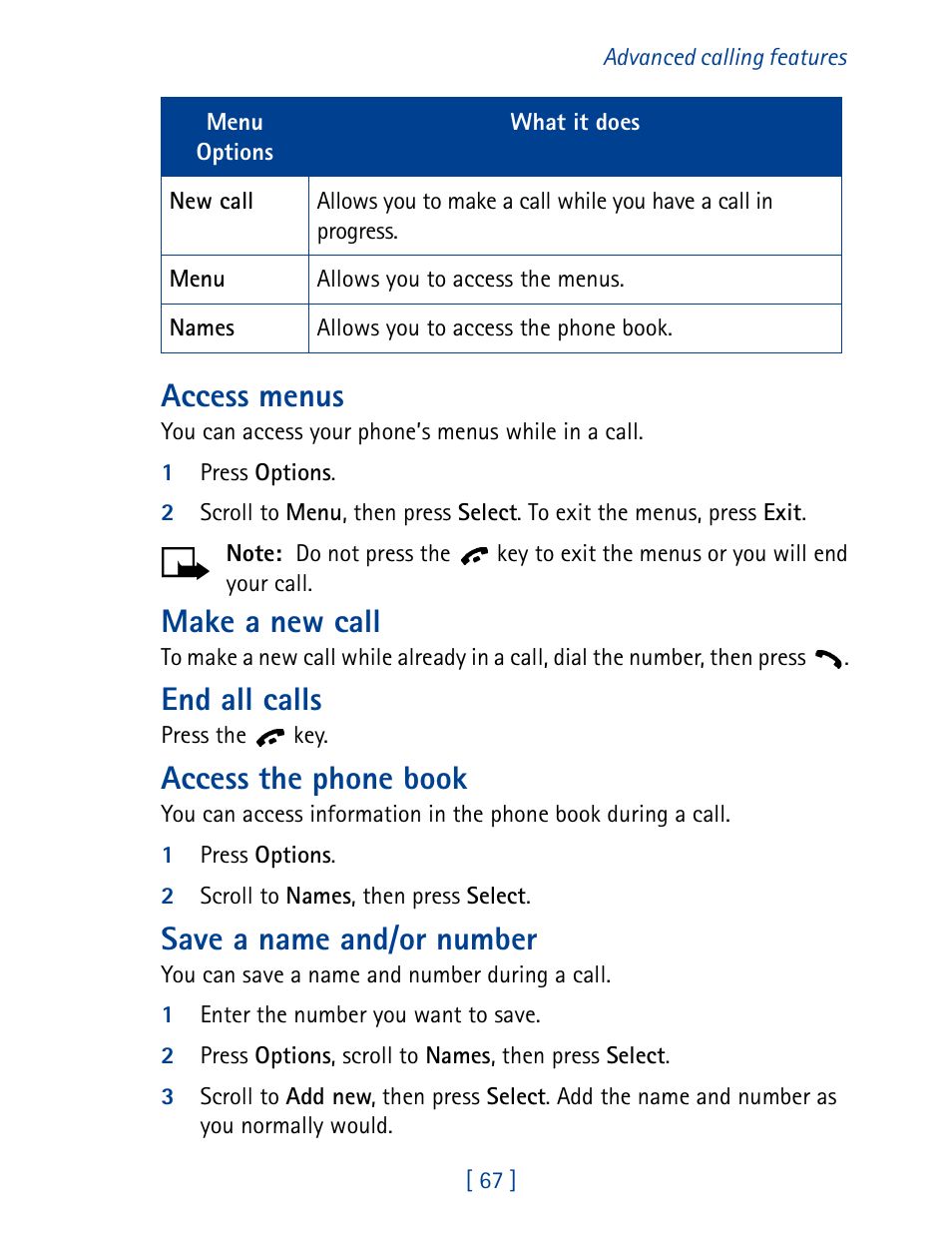 Access menus, Make a new call, End all calls | Access the phone book, Save a name and/or number | Nokia 1261 User Manual | Page 74 / 145