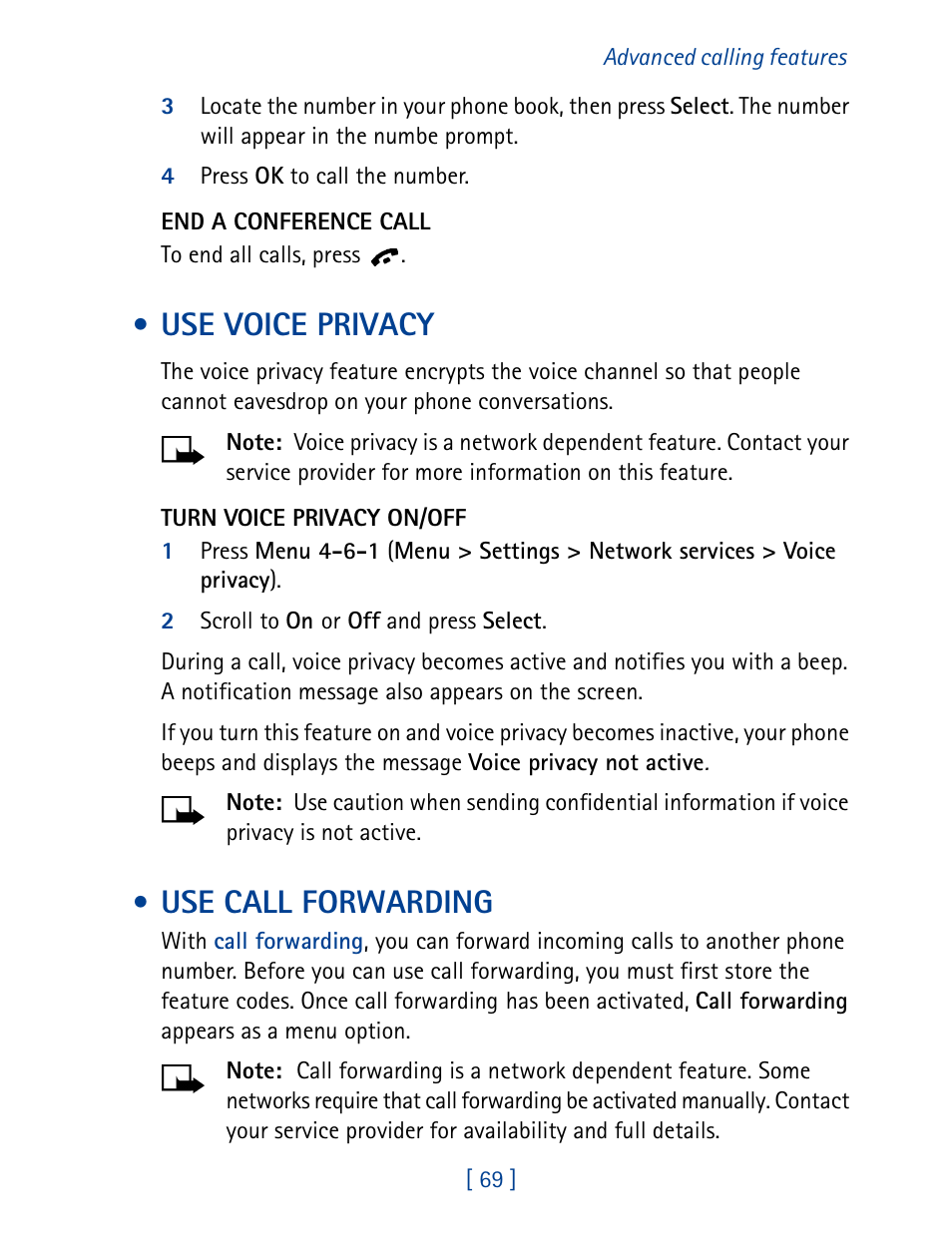 Use voice privacy, Use call forwarding, Use voice privacy use call forwarding | Nokia 1261 User Manual | Page 76 / 145