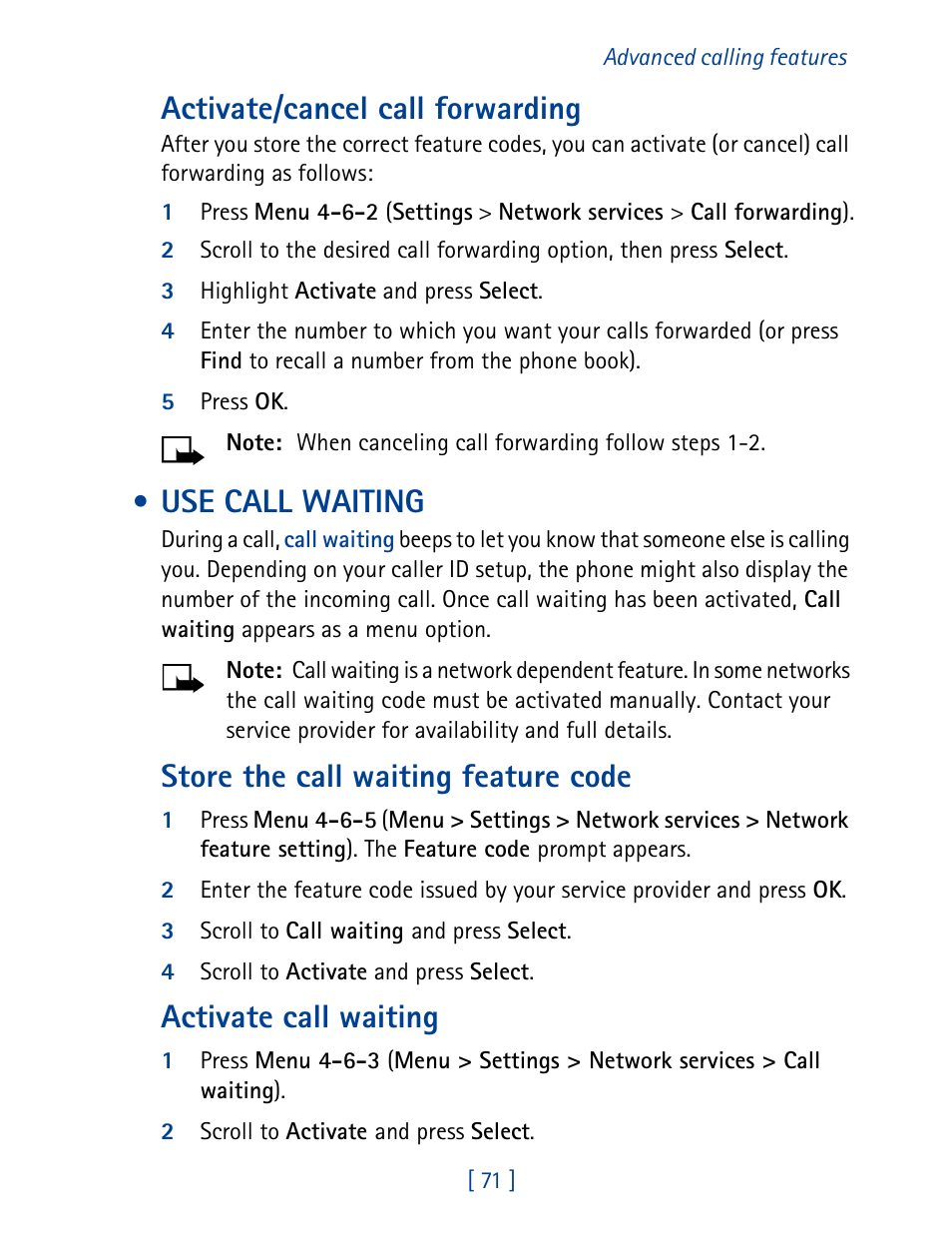 Use call waiting, Activate/cancel call forwarding, Store the call waiting feature code | Activate call waiting | Nokia 1261 User Manual | Page 78 / 145