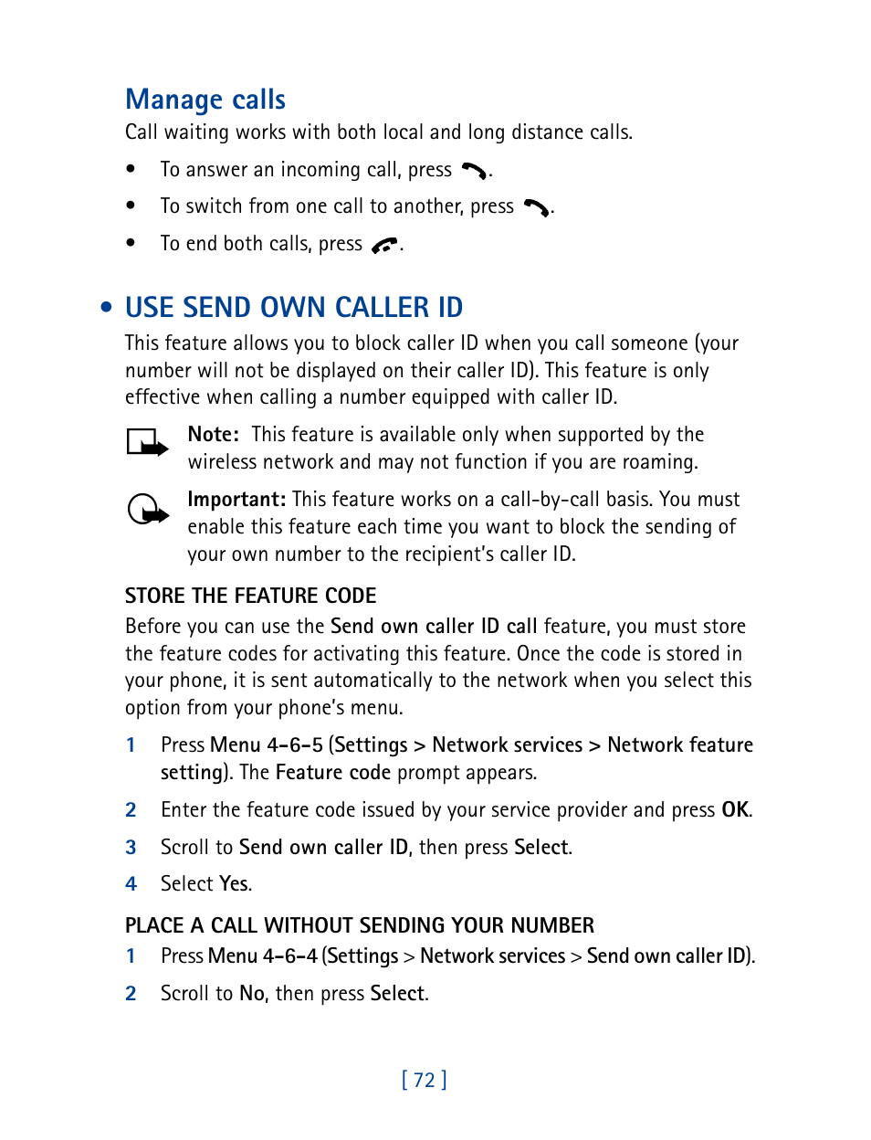 Use send own caller id, Manage calls | Nokia 1261 User Manual | Page 79 / 145