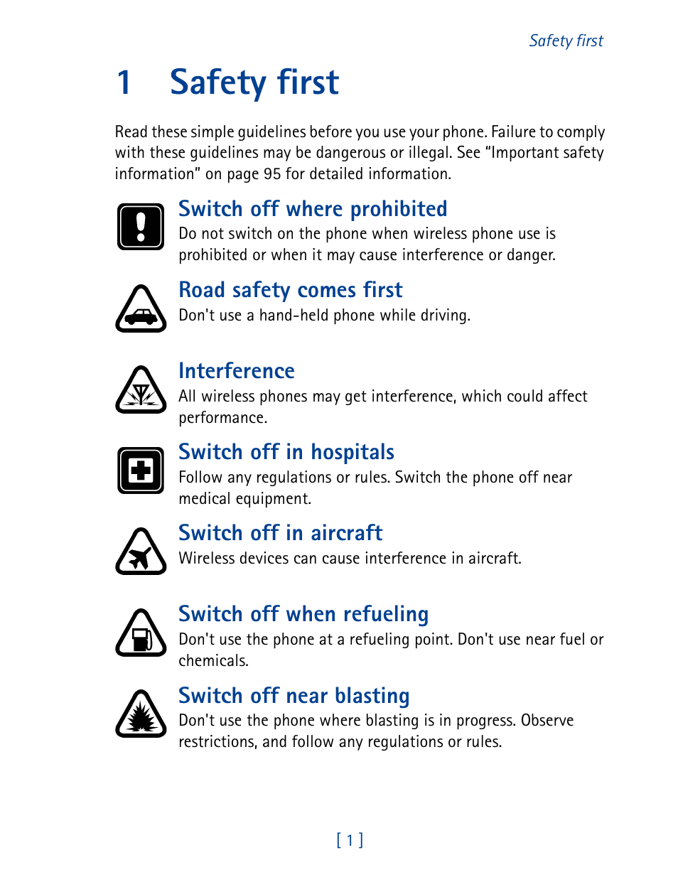 1 safety first, Safety first, 1safety first | Nokia 1261 User Manual | Page 8 / 145