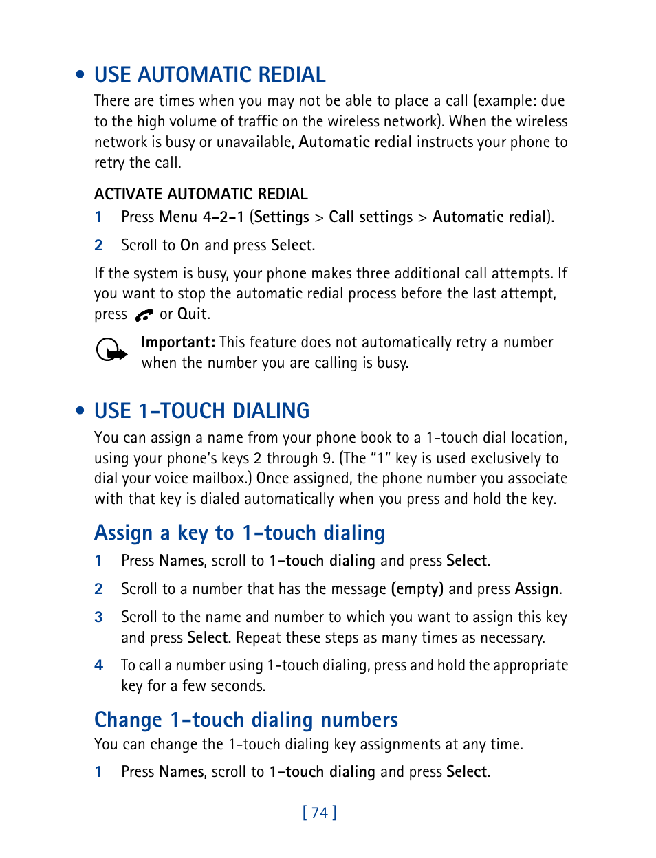 Use automatic redial, Use 1-touch dialing, Use automatic redial use 1-touch dialing | Accessory safety, Assign a key to 1-touch dialing, Change 1-touch dialing numbers | Nokia 1261 User Manual | Page 81 / 145