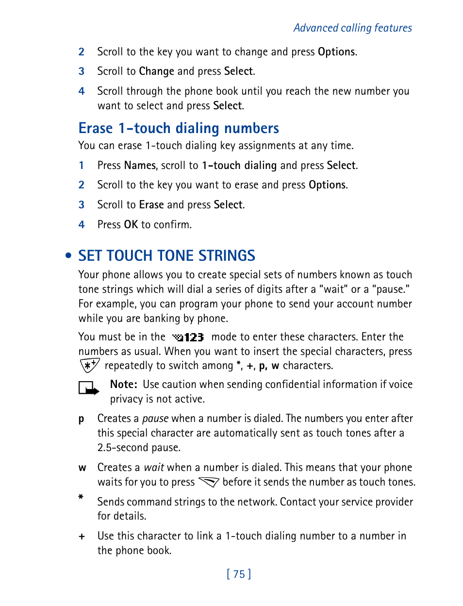 Set touch tone strings, Erase 1-touch dialing numbers | Nokia 1261 User Manual | Page 82 / 145