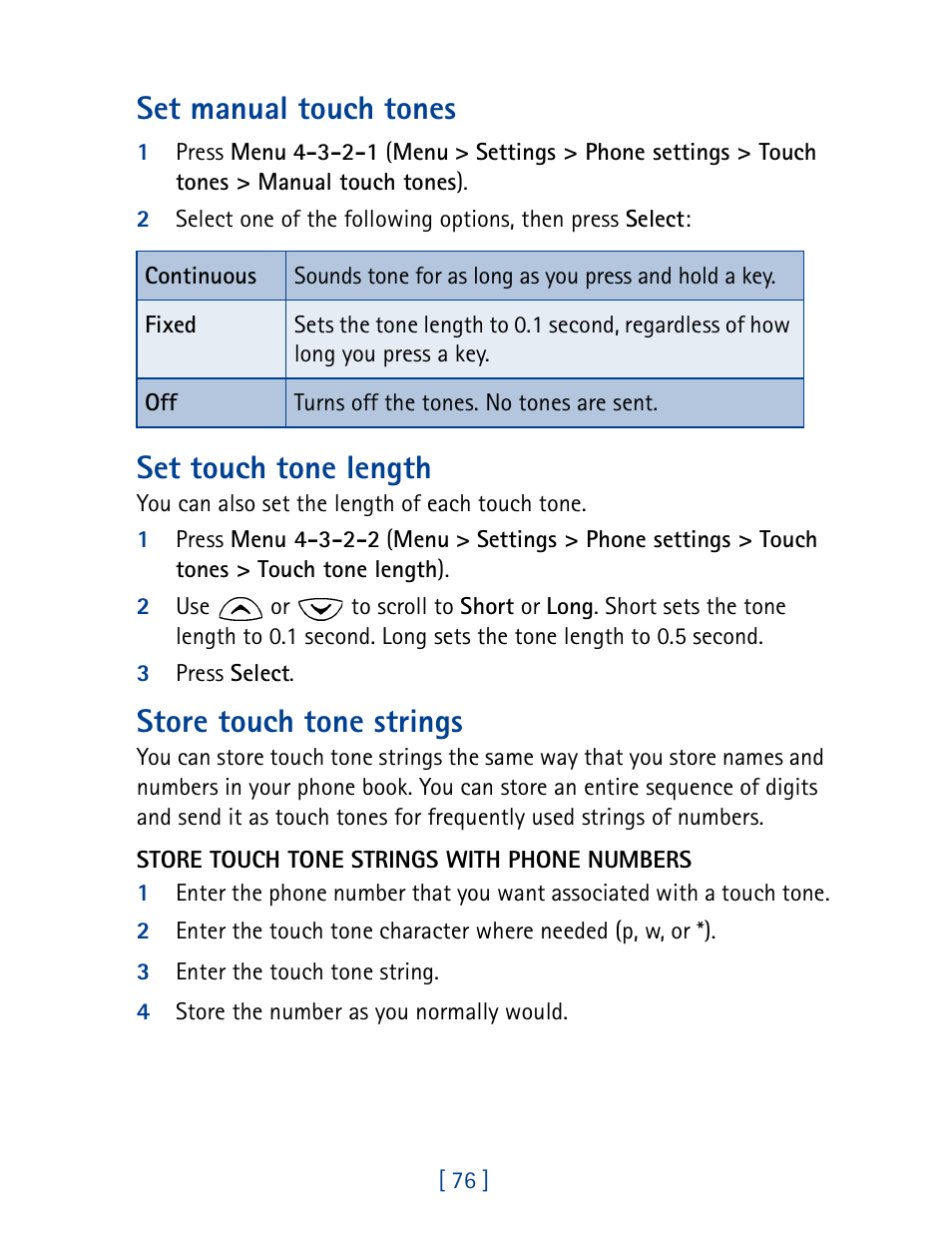 Set manual touch tones, Set touch tone length, Store touch tone strings | Nokia 1261 User Manual | Page 83 / 145