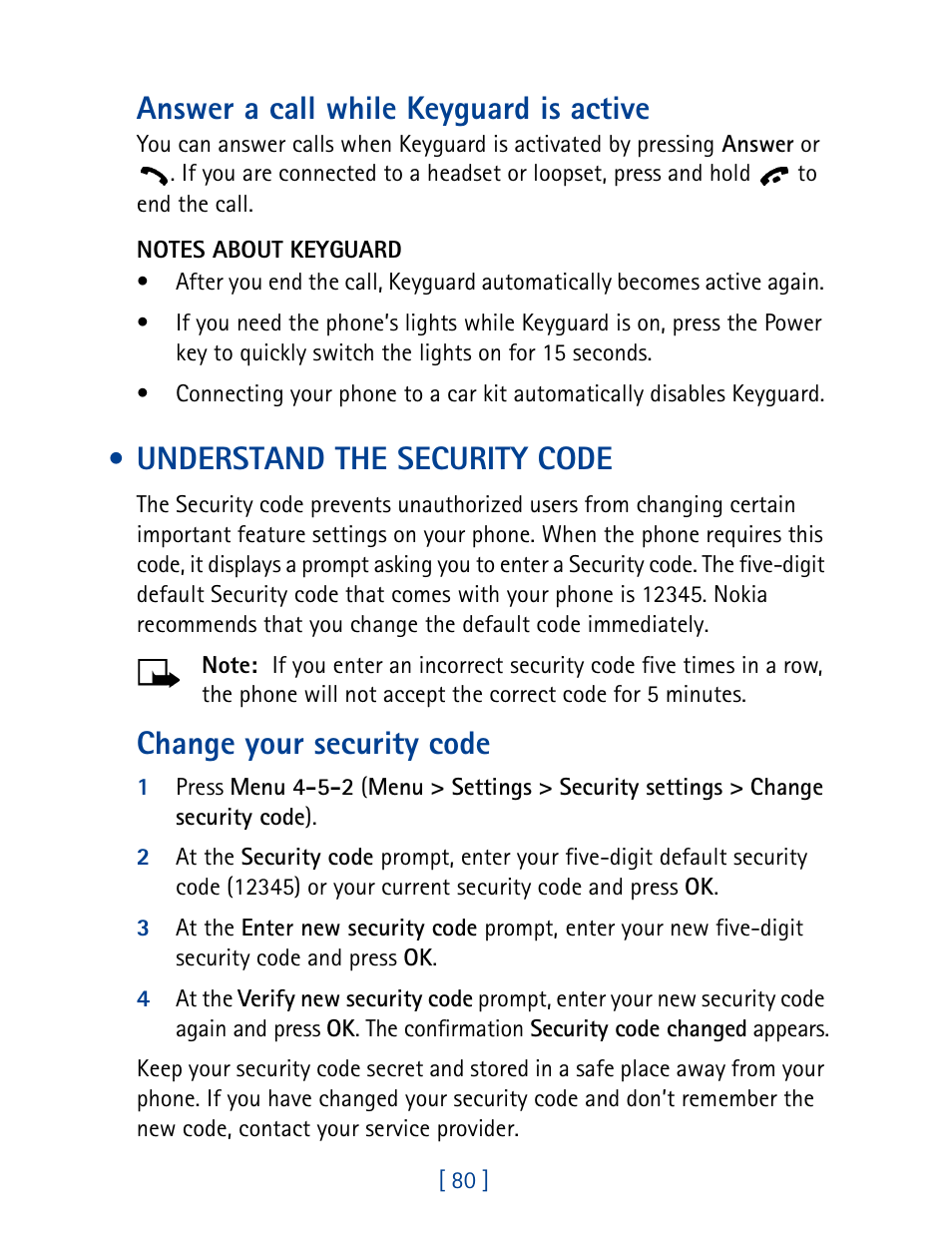 Understand the security code, Answer a call while keyguard is active, Change your security code | Nokia 1261 User Manual | Page 87 / 145