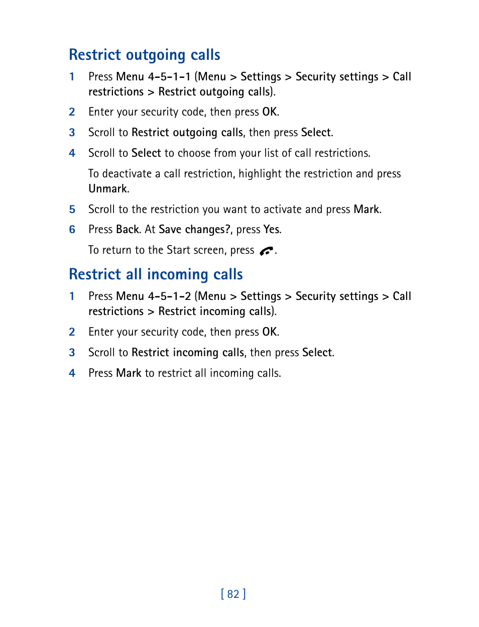 Restrict outgoing calls, Restrict all incoming calls | Nokia 1261 User Manual | Page 89 / 145