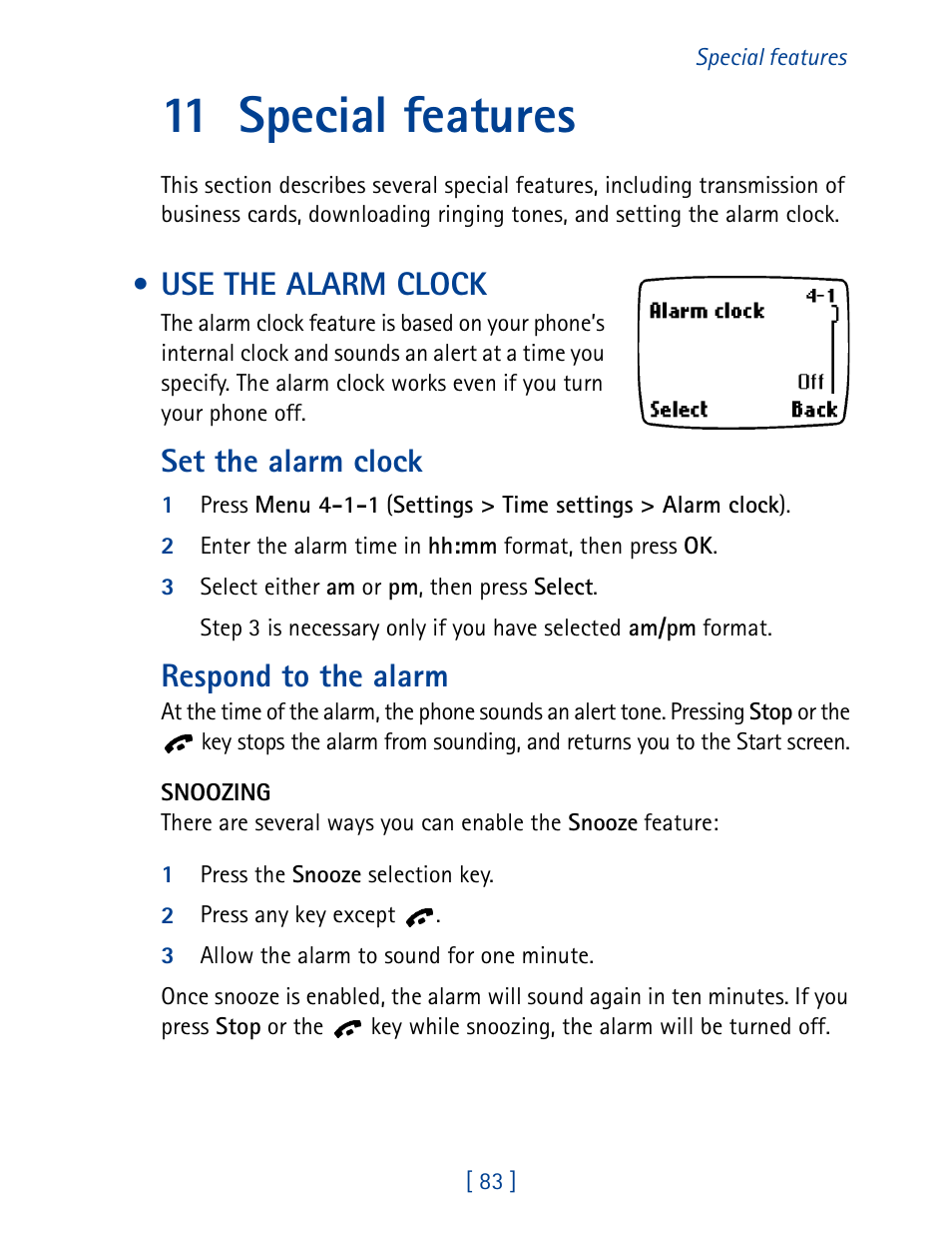 11 special features, Use the alarm clock, Set the alarm clock | Respond to the alarm | Nokia 1261 User Manual | Page 90 / 145