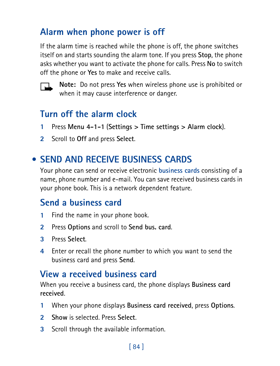 Send and receive business cards, Alarm when phone power is off, Turn off the alarm clock | Send a business card, View a received business card | Nokia 1261 User Manual | Page 91 / 145