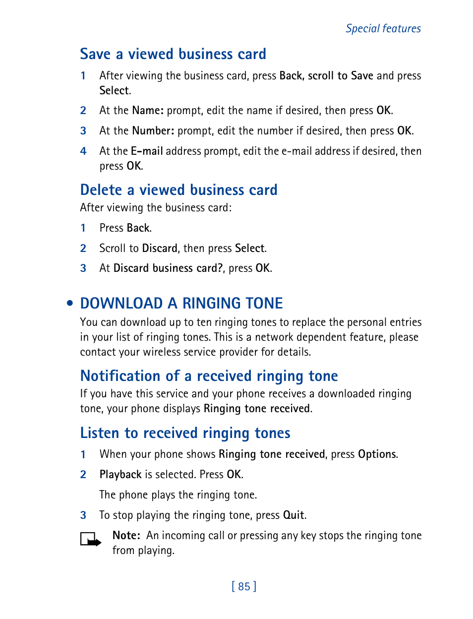 Download a ringing tone, Save a viewed business card, Delete a viewed business card | Notification of a received ringing tone, Listen to received ringing tones | Nokia 1261 User Manual | Page 92 / 145