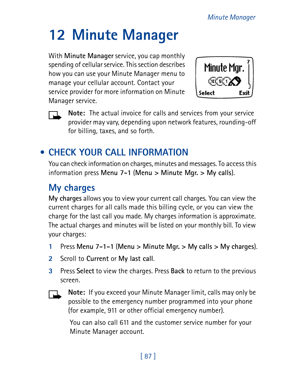 12 minute manager, Check your call information, My charges | Nokia 1261 User Manual | Page 94 / 145