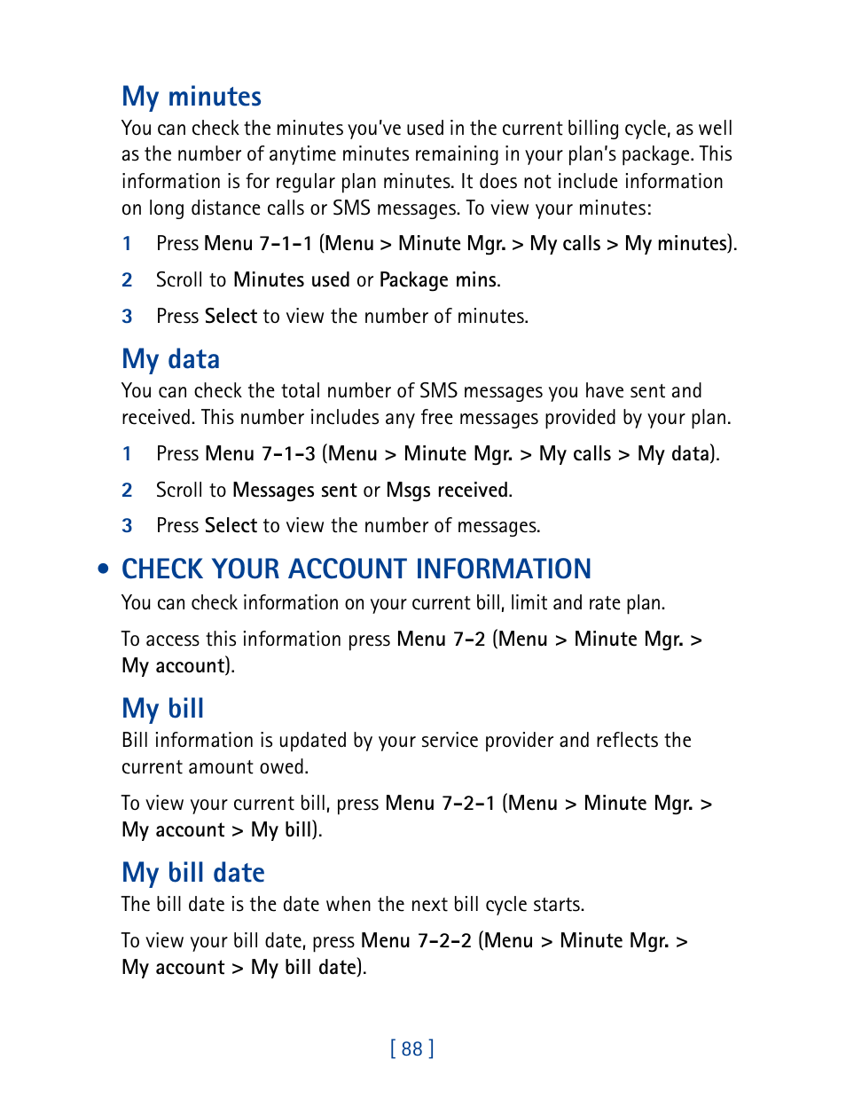 Check your account information, My minutes, My data | My bill, My bill date | Nokia 1261 User Manual | Page 95 / 145