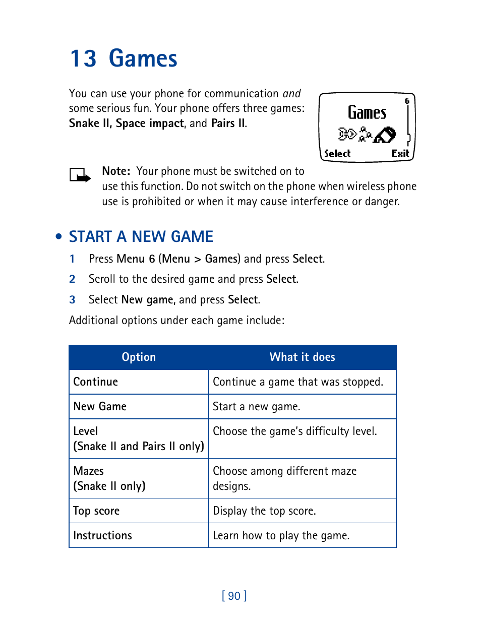 13 games, Start a new game | Nokia 1261 User Manual | Page 97 / 145