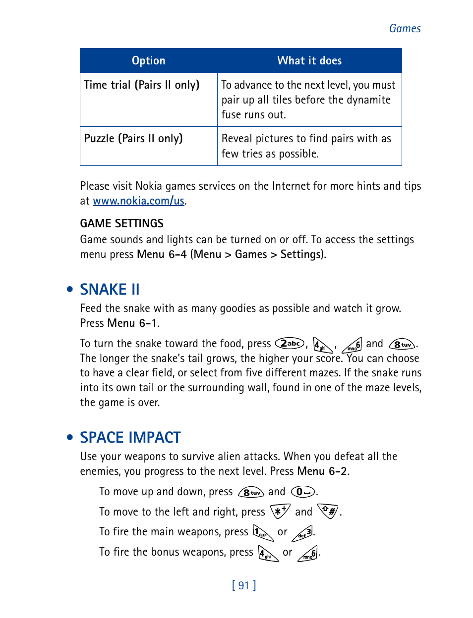 Snake ii, Space impact, Snake ii space impact | Nokia 1261 User Manual | Page 98 / 145