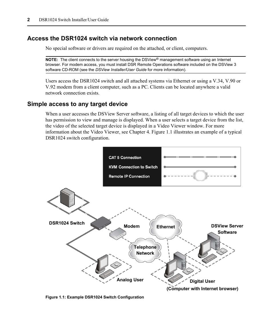 Access the dsr1024 switch via network connection, Simple access to any target device, Figure 1.1: example dsr1024 switch configuration | Avocent DSR 1024 User Manual | Page 14 / 86