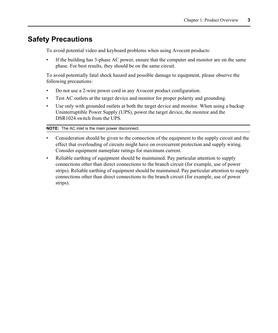 Safety precautions | Avocent DSR 1024 User Manual | Page 15 / 86