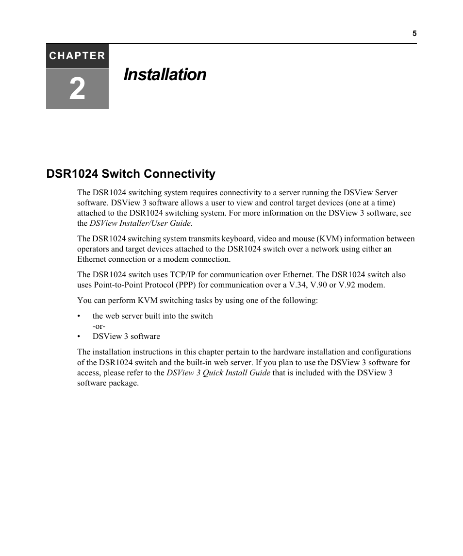 Installation, Dsr1024 switch connectivity, Chapter 2: installation | Avocent DSR 1024 User Manual | Page 17 / 86