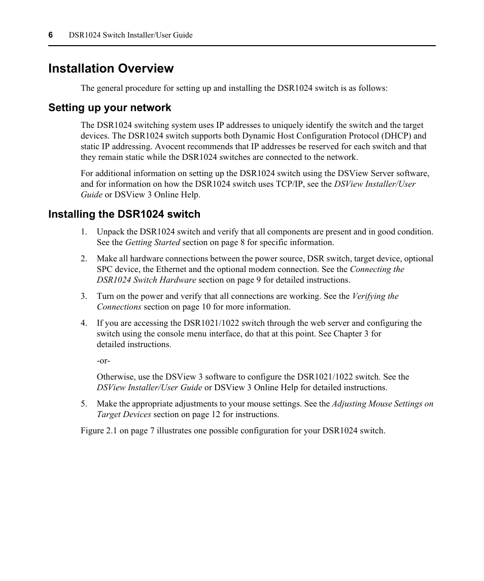 Installation overview, Setting up your network, Installing the dsr1024 switch | Avocent DSR 1024 User Manual | Page 18 / 86