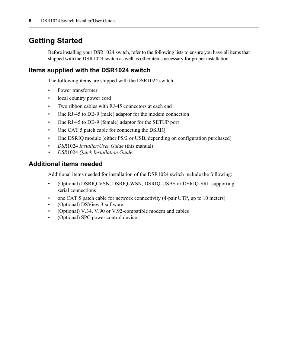 Getting started, Items supplied with the dsr1024 switch, Additional items needed | Avocent DSR 1024 User Manual | Page 20 / 86