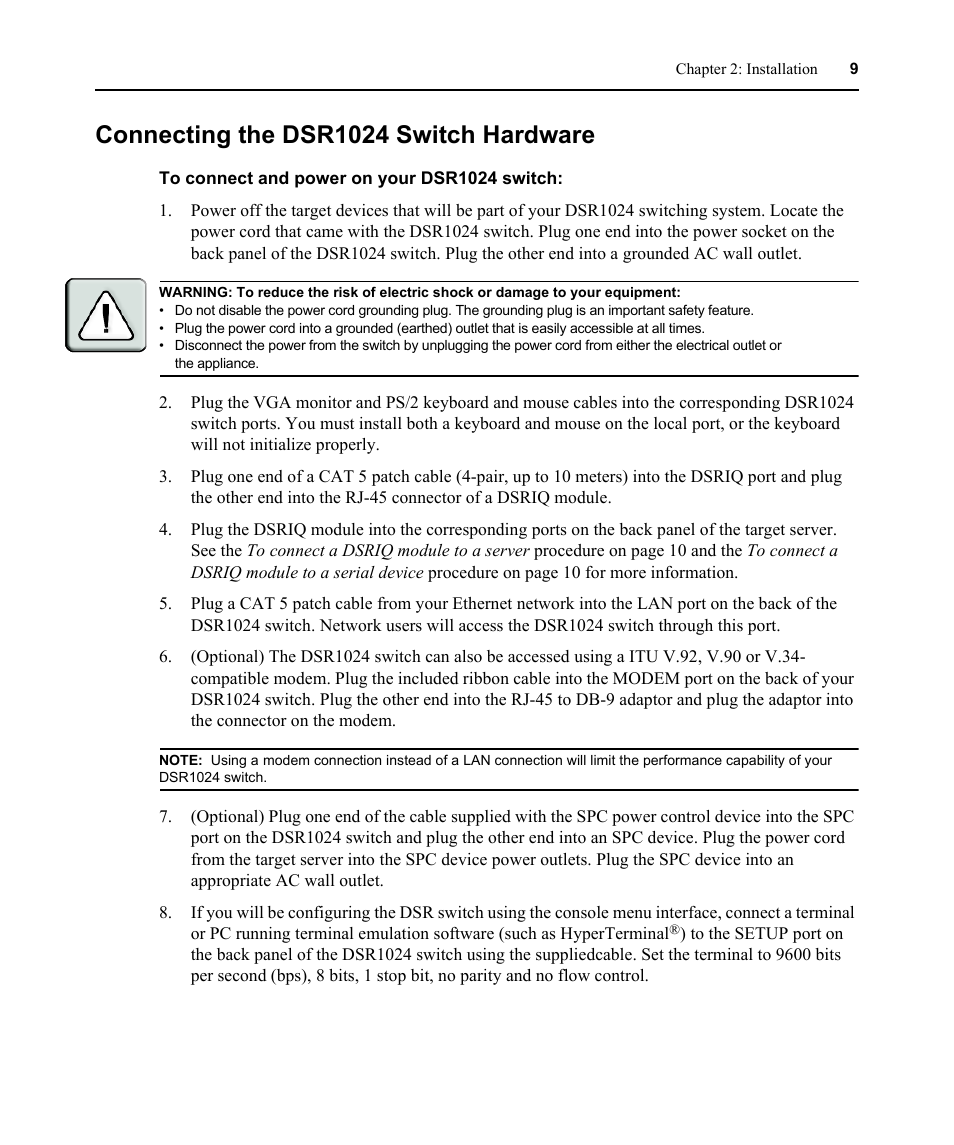 Connecting the dsr1024 switch hardware | Avocent DSR 1024 User Manual | Page 21 / 86