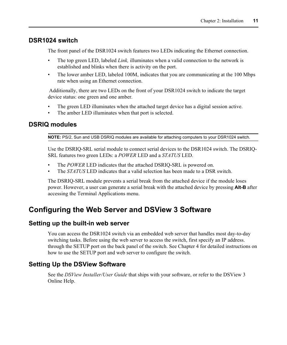 Dsr1024 switch, Dsriq modules, Configuring the web server and dsview 3 software | Setting up the built-in web server, Setting up the dsview software, Dsr1024 switch dsriq modules | Avocent DSR 1024 User Manual | Page 23 / 86