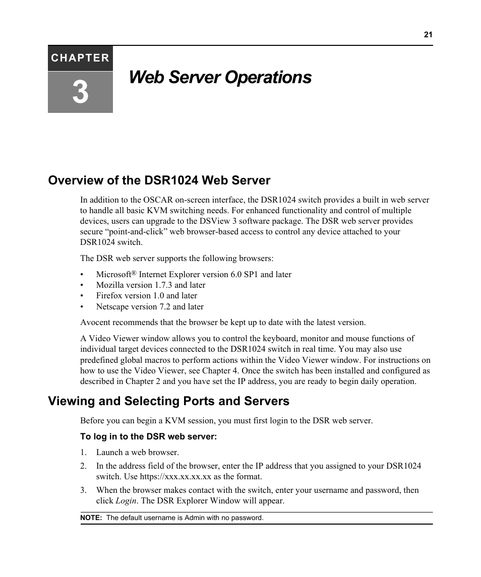 Web server operations, Overview of the dsr1024 web server, Viewing and selecting ports and servers | Chapter 3: web server operations, Chapter 3 for | Avocent DSR 1024 User Manual | Page 33 / 86