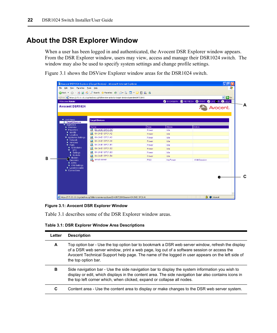 About the dsr explorer window, Figure 3.1: avocent dsr explorer window, Table 3.1: dsr explorer window area descriptions | Avocent DSR 1024 User Manual | Page 34 / 86