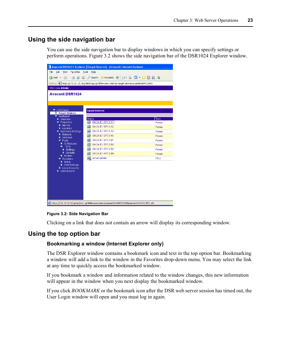 Using the side navigation bar, Using the top option bar, Bookmarking a window (internet explorer only) | Figure 3.2: side navigation bar | Avocent DSR 1024 User Manual | Page 35 / 86