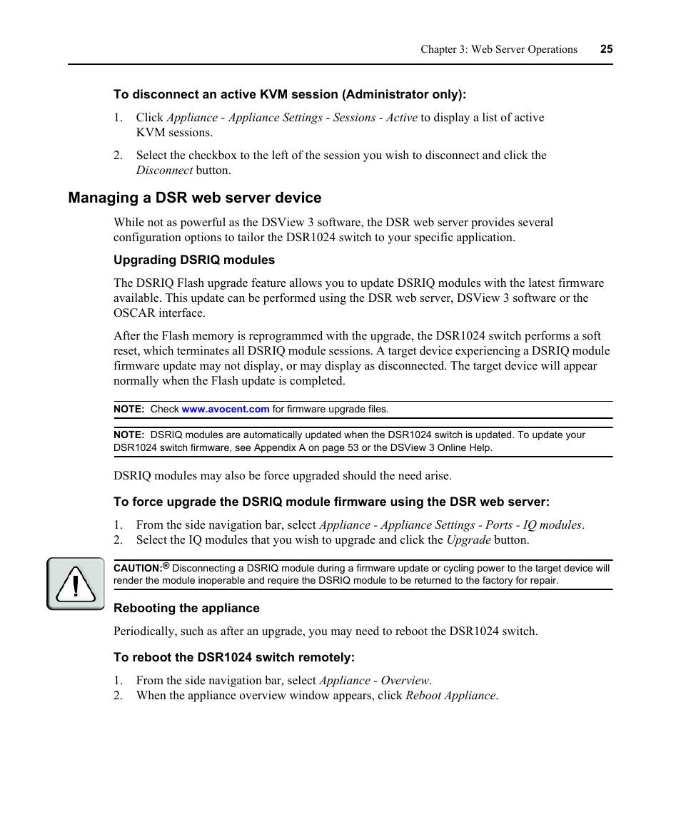 Managing a dsr web server device, Upgrading dsriq modules, Rebooting the appliance | Avocent DSR 1024 User Manual | Page 37 / 86