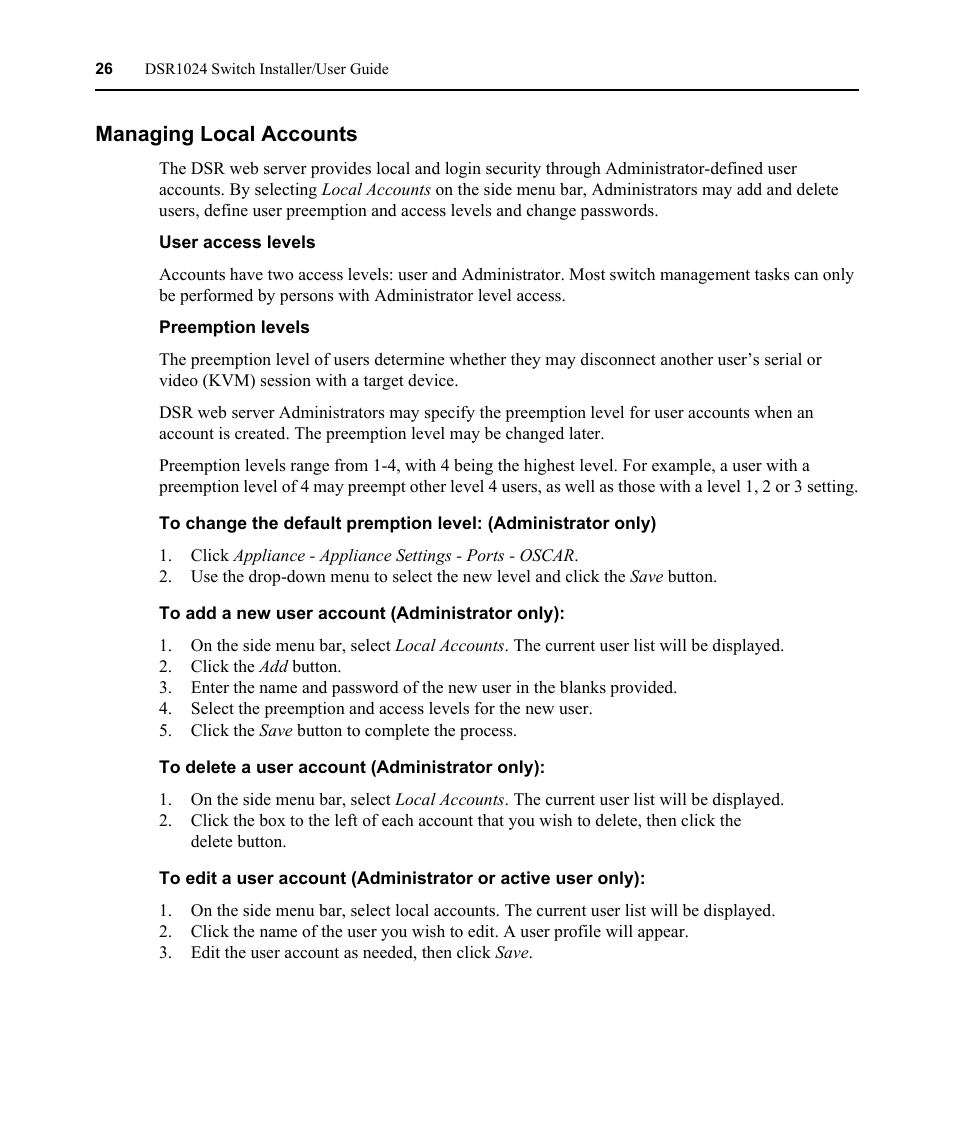 Managing local accounts, User access levels, Preemption levels | Avocent DSR 1024 User Manual | Page 38 / 86