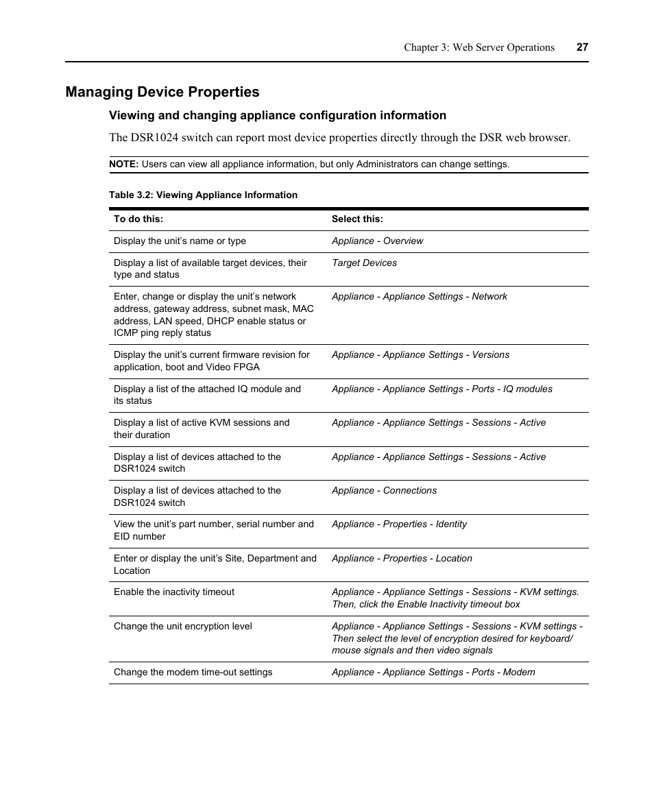 Managing device properties, Table 3.2: viewing appliance information | Avocent DSR 1024 User Manual | Page 39 / 86