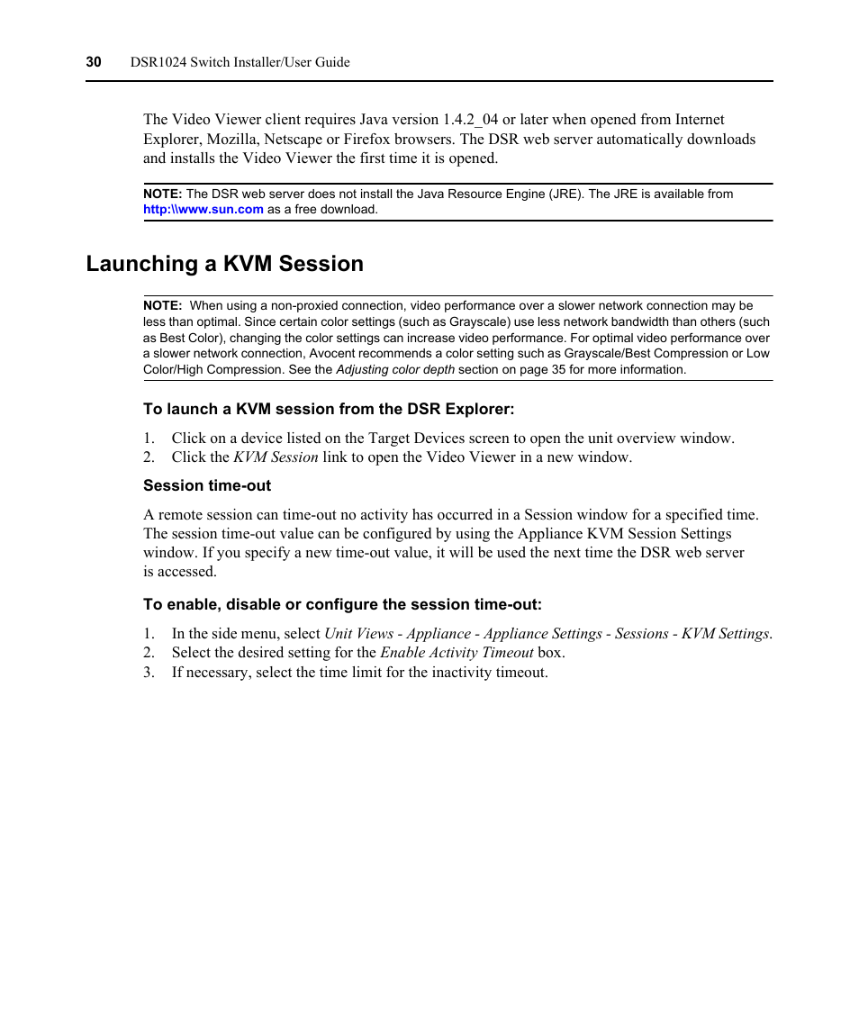 Launching a kvm session, Session time-out | Avocent DSR 1024 User Manual | Page 42 / 86