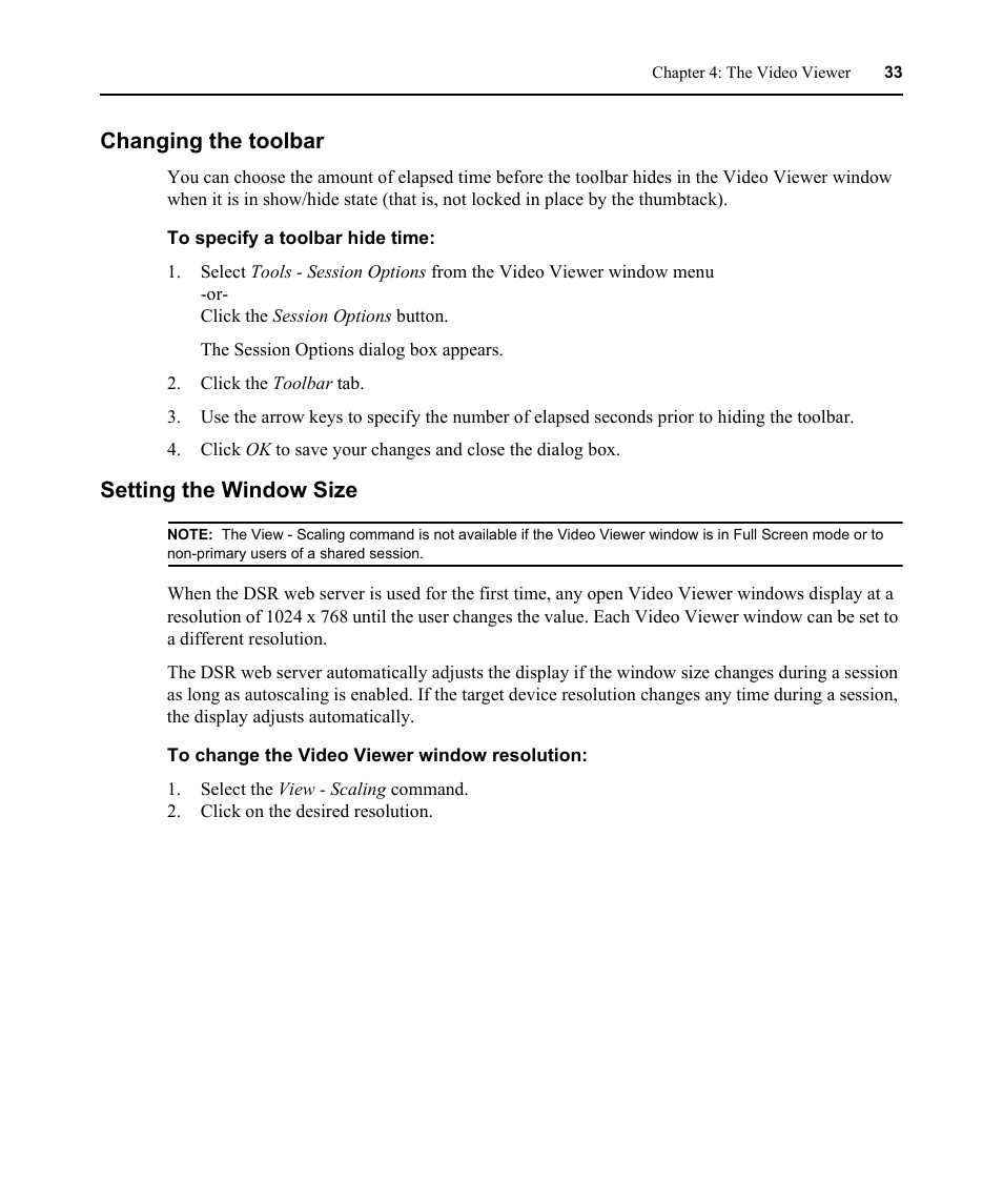 Changing the toolbar, Setting the window size, Changing the toolbar setting the window size | Avocent DSR 1024 User Manual | Page 45 / 86