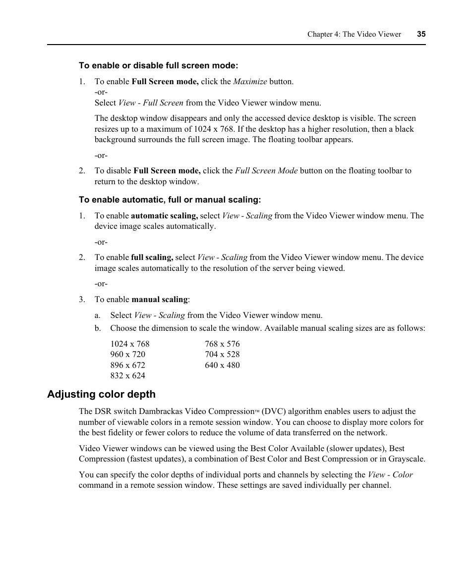 Adjusting color depth | Avocent DSR 1024 User Manual | Page 47 / 86