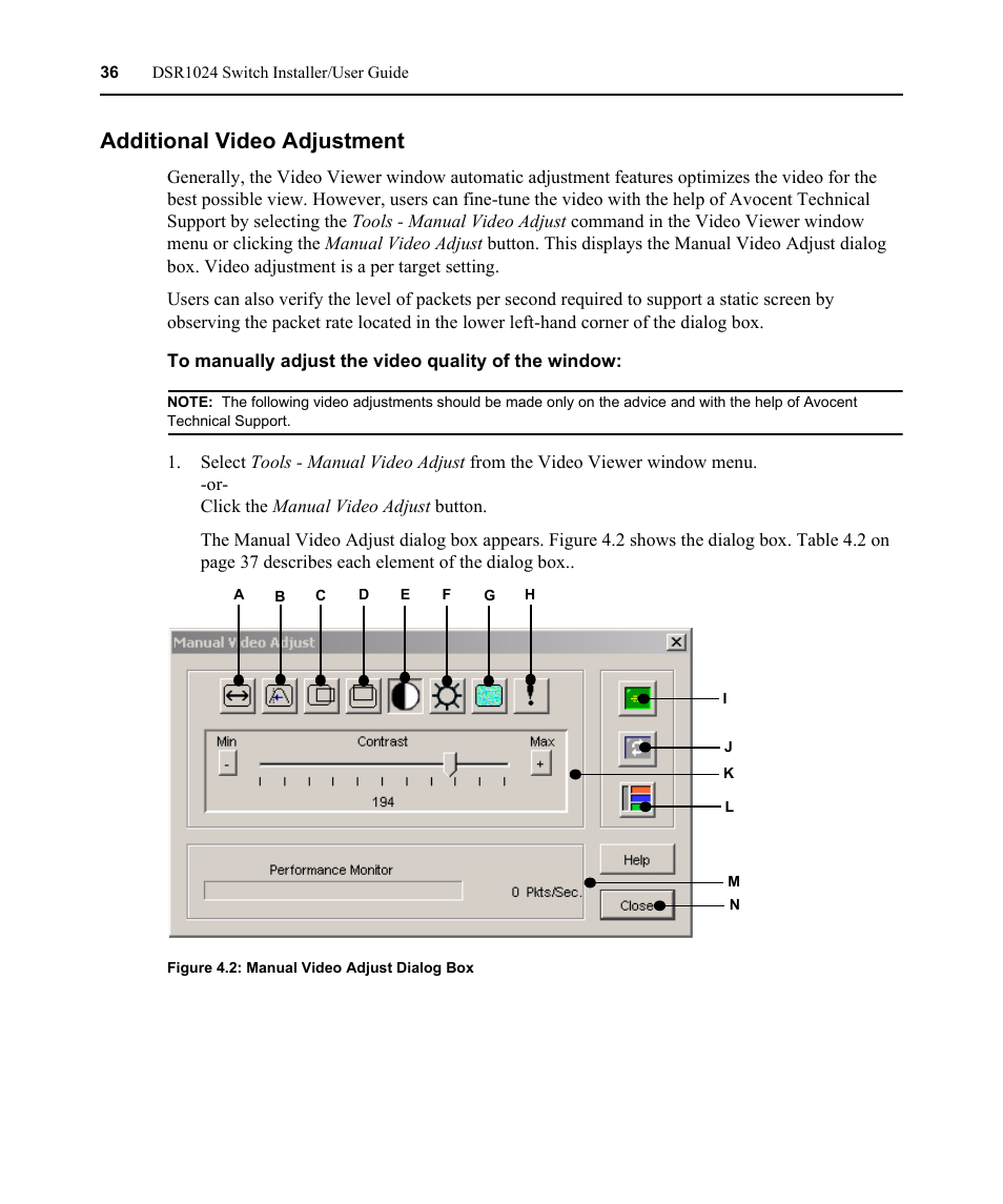Additional video adjustment, Figure 4.2: manual video adjust dialog box | Avocent DSR 1024 User Manual | Page 48 / 86
