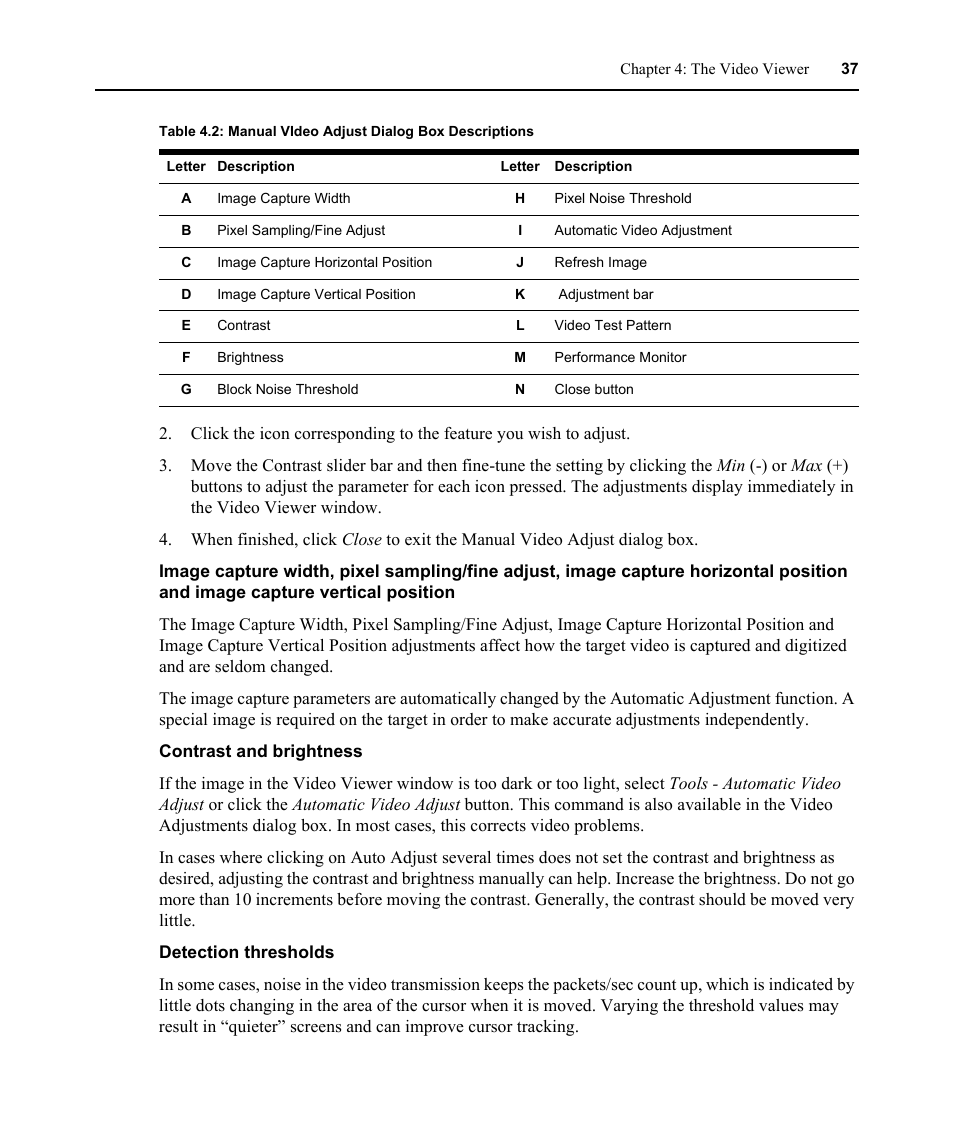 Contrast and brightness, Detection thresholds | Avocent DSR 1024 User Manual | Page 49 / 86