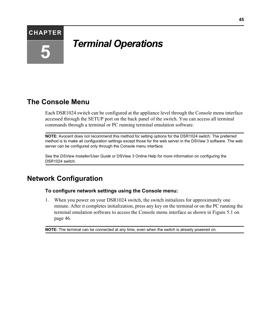 Terminal operations, The console menu, Network configuration | Chapter 5: terminal operations, The console menu network configuration | Avocent DSR 1024 User Manual | Page 57 / 86