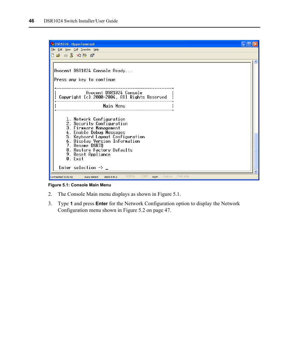 Figure 5.1: console main menu | Avocent DSR 1024 User Manual | Page 58 / 86