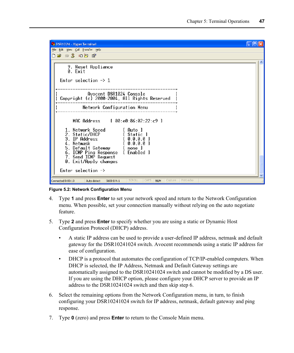 Figure 5.2: network configuration menu | Avocent DSR 1024 User Manual | Page 59 / 86