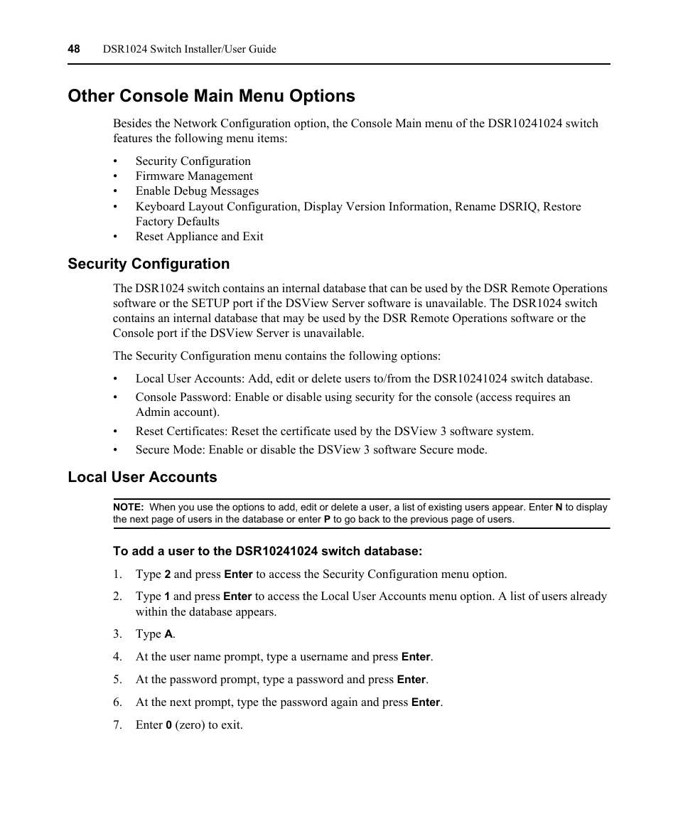 Other console main menu options, Security configuration, Local user accounts | Security configuration local user accounts | Avocent DSR 1024 User Manual | Page 60 / 86