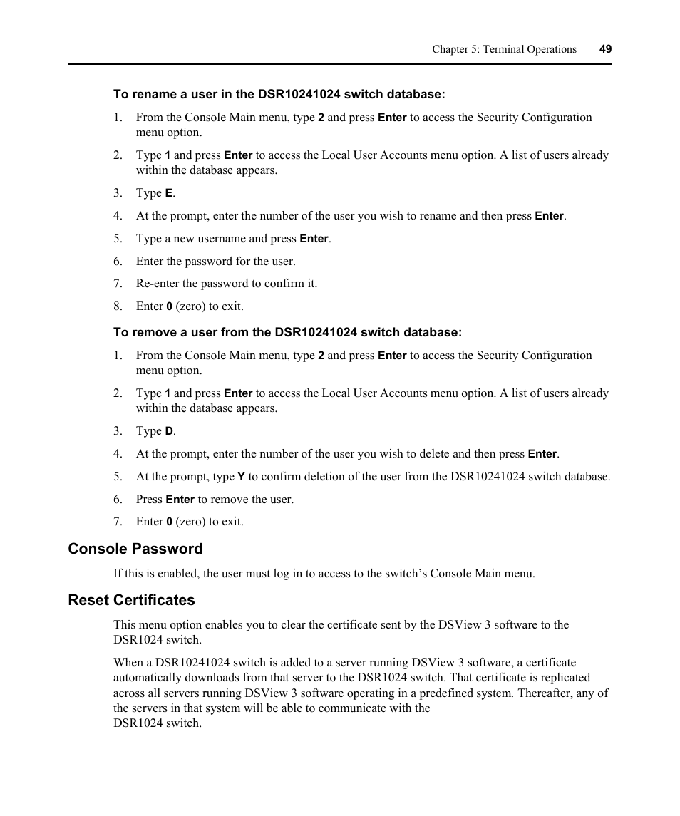 Console password, Reset certificates, Console password reset certificates | Avocent DSR 1024 User Manual | Page 61 / 86