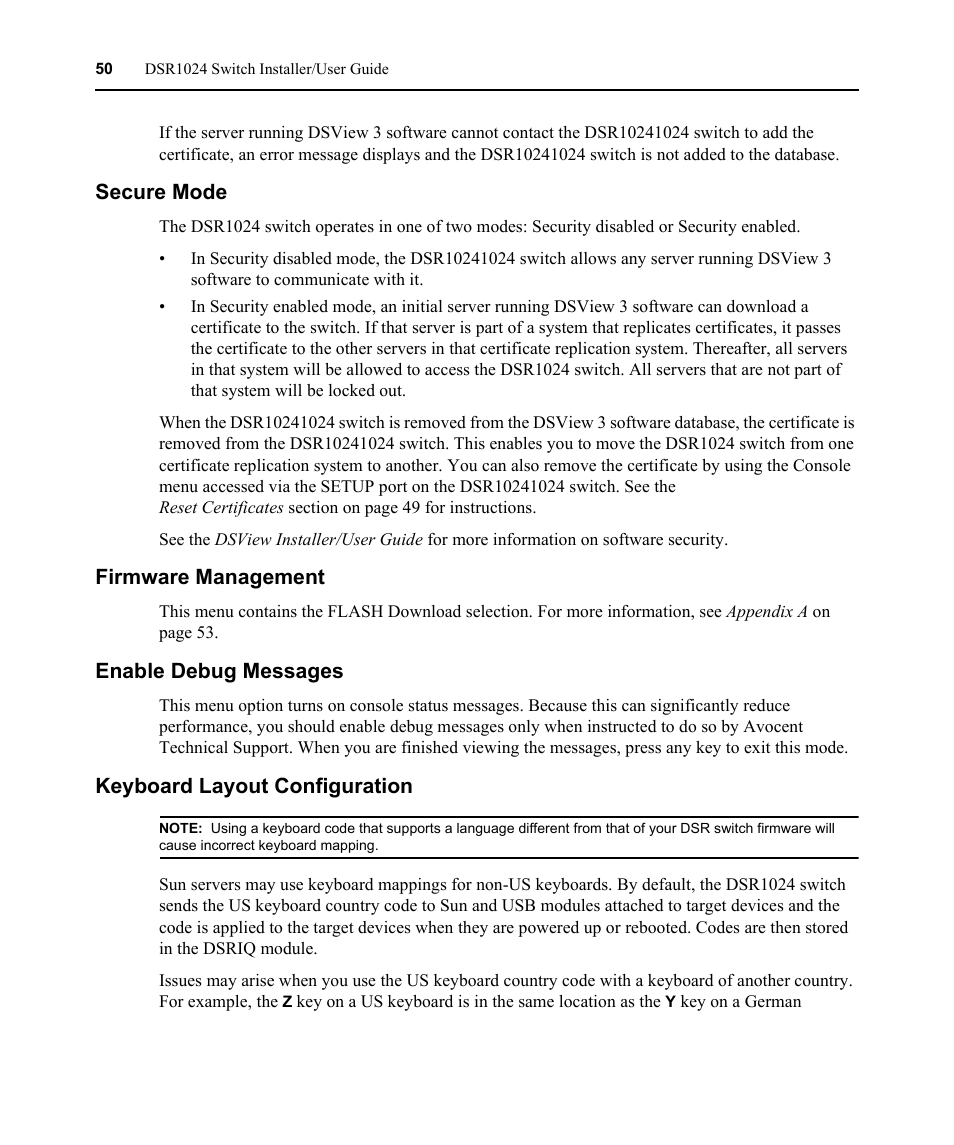 Secure mode, Firmware management, Enable debug messages | Keyboard layout configuration | Avocent DSR 1024 User Manual | Page 62 / 86