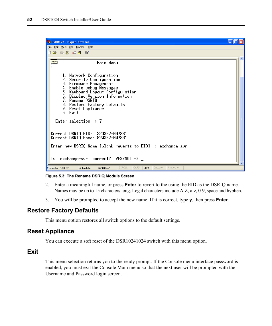 Restore factory defaults, Reset appliance, Exit | Restore factory defaults reset appliance exit, Figure 5.3: the rename dsriq module screen | Avocent DSR 1024 User Manual | Page 64 / 86