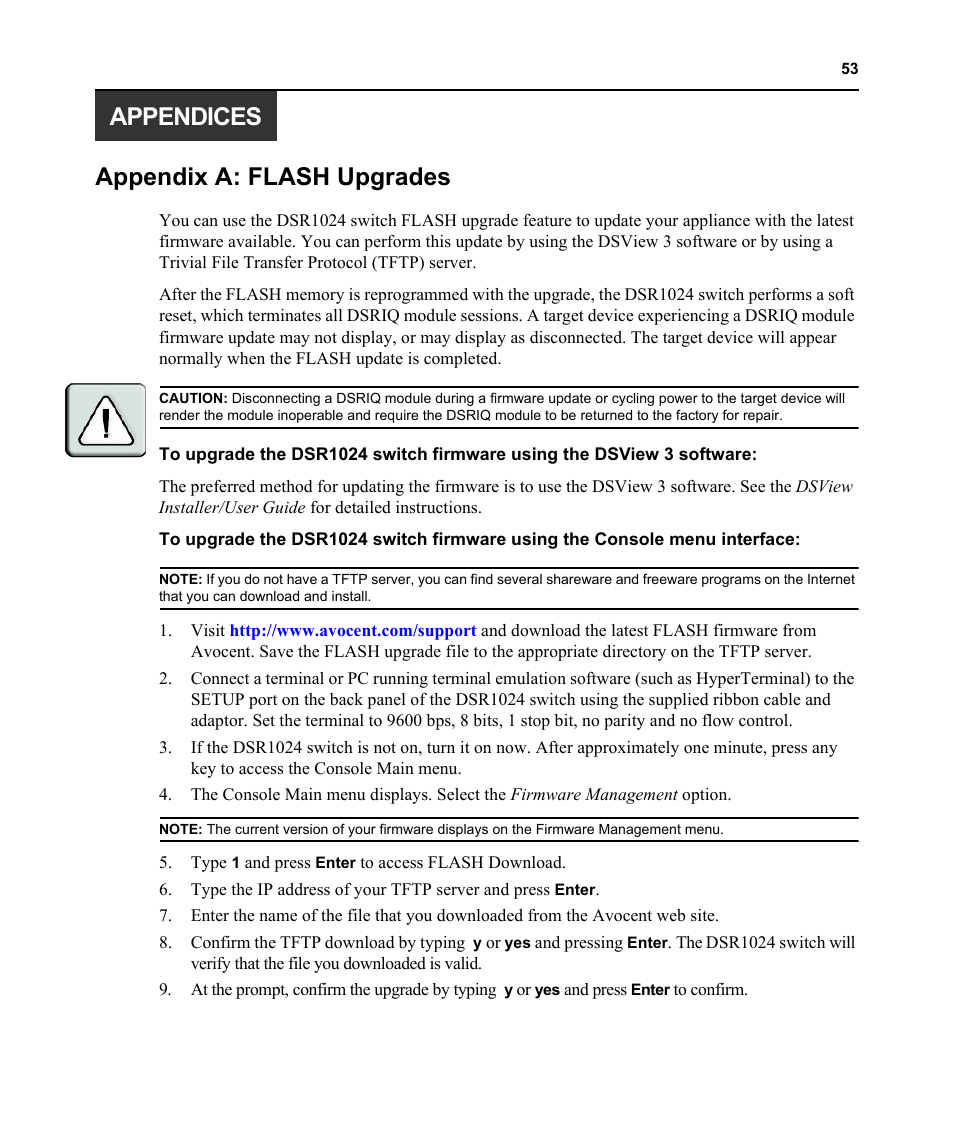 Appendices, Appendix a: flash upgrades, Appendices appendix a: flash upgrades | Avocent DSR 1024 User Manual | Page 65 / 86